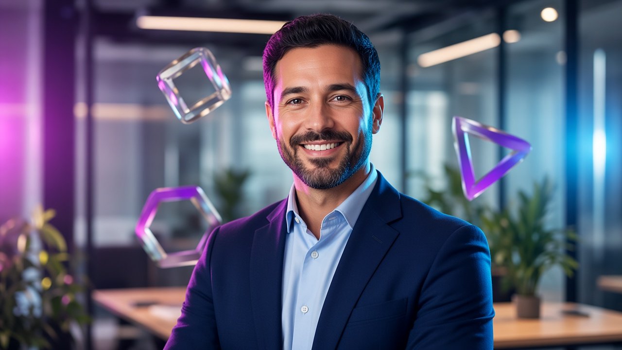 Illustrative portrait of a software consultant in a modern office with magenta and cyan light.
