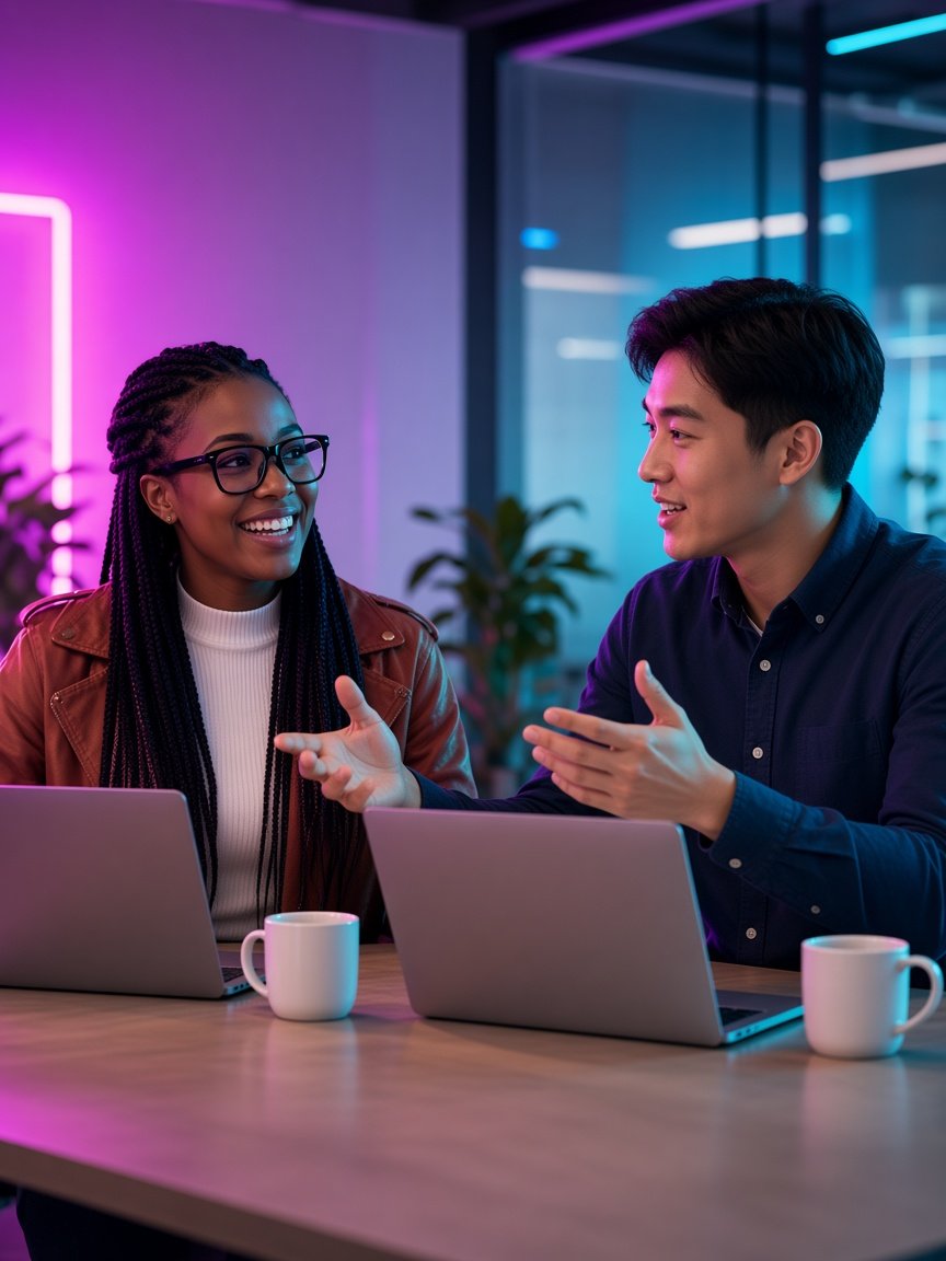 Illustrative photograph of two colleagues working together at a meeting table.
